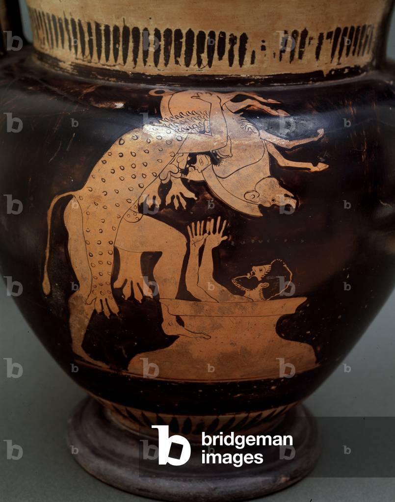 Magna Graecia: Amphore, die Eurystheus darstellt, die sich in einem Vorratsglas versteckt, während Herakles ih