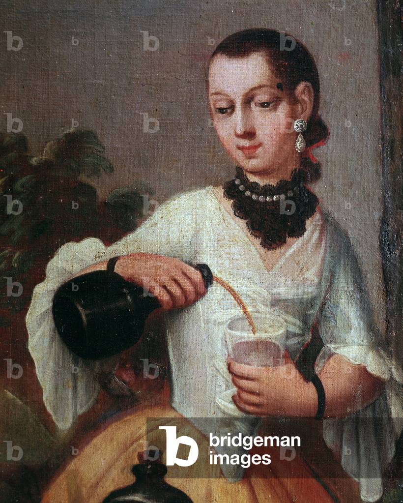 Lady pouring wine in a glass (Lady pouring wine in a glass) Screen detail, painting of the Mexican school, 18th century Mexico, National Historical Museum, Chateau de Chapultepec