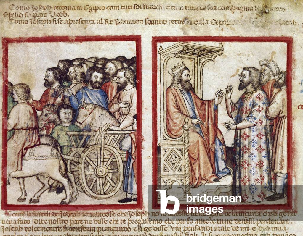 Joseph on the left to his father's funeral, he goes after the Pharaoh Miniature from codex 212 (or padovano codice or Bible of Padua) 1390-1400 Rovigo, Accademia dei Concordi