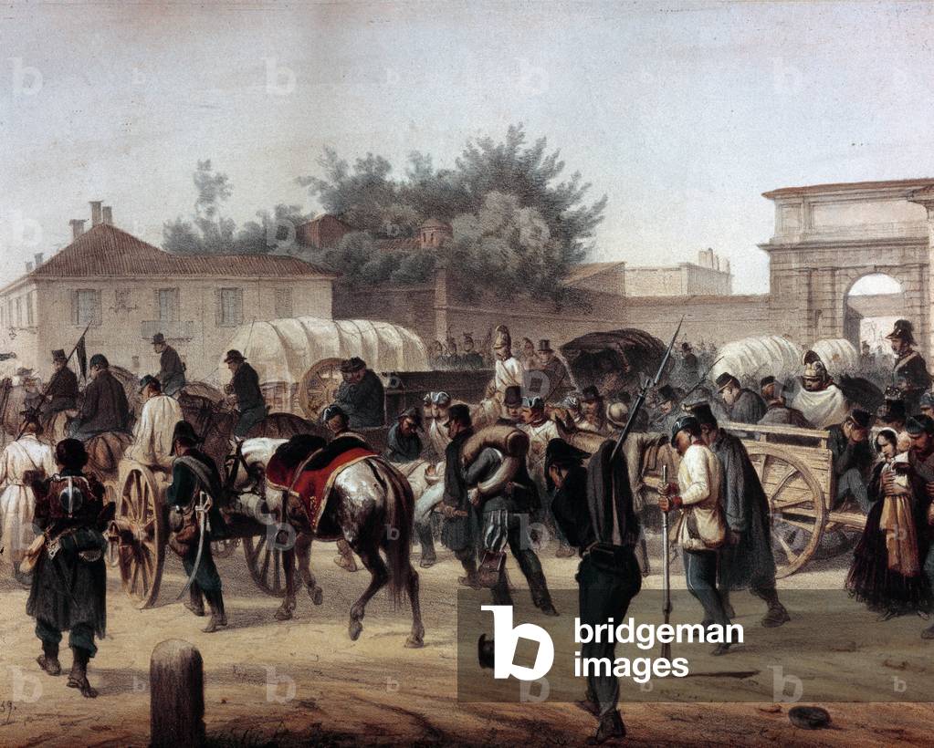 The Five Days of Milan (18-22 March 1848): The Austrians leave the city through the Tosa Gate. 19th century (lithography)