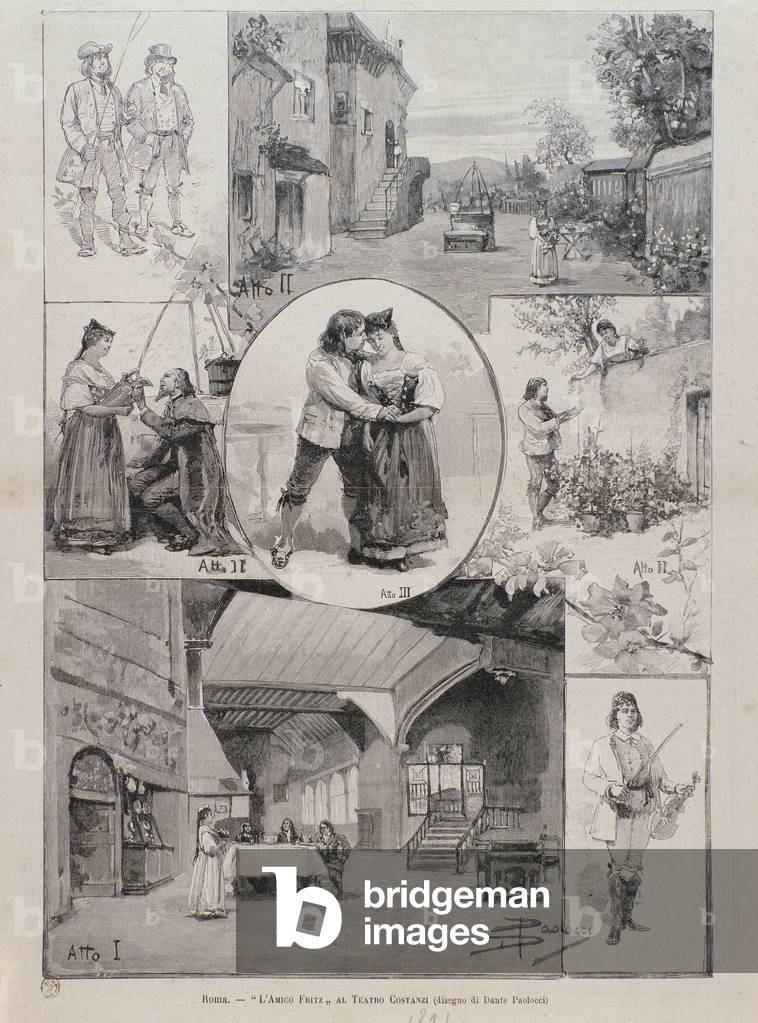 Illustrations for the opera L'amico fritz by Pietro Mascagni for the first performance at the Teatro Costanzi in Rome, 1891