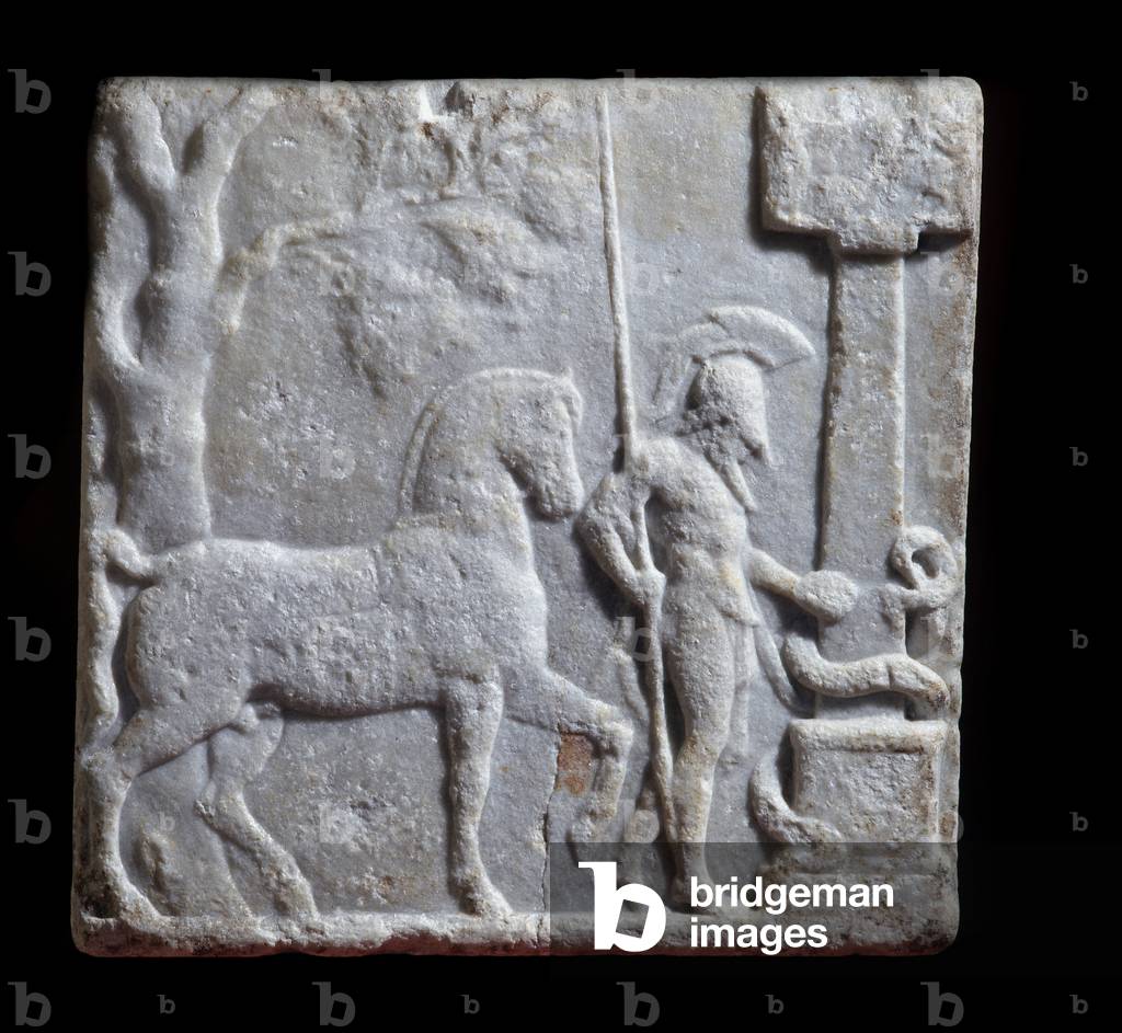 Greek Art: marble stele decoree of a rider with his horse, end 2nd - beginning 1st century BC, Dim 52x52x9 cm Mantua - Palazzo Ducale, Coll statuaria, inv n 6669 - Greek art: marble stele with relief representing a rider and a horse, 2nd-1st century BC (52x52x9 cm) - Palazzo Ducale, Mantua (Italy)
