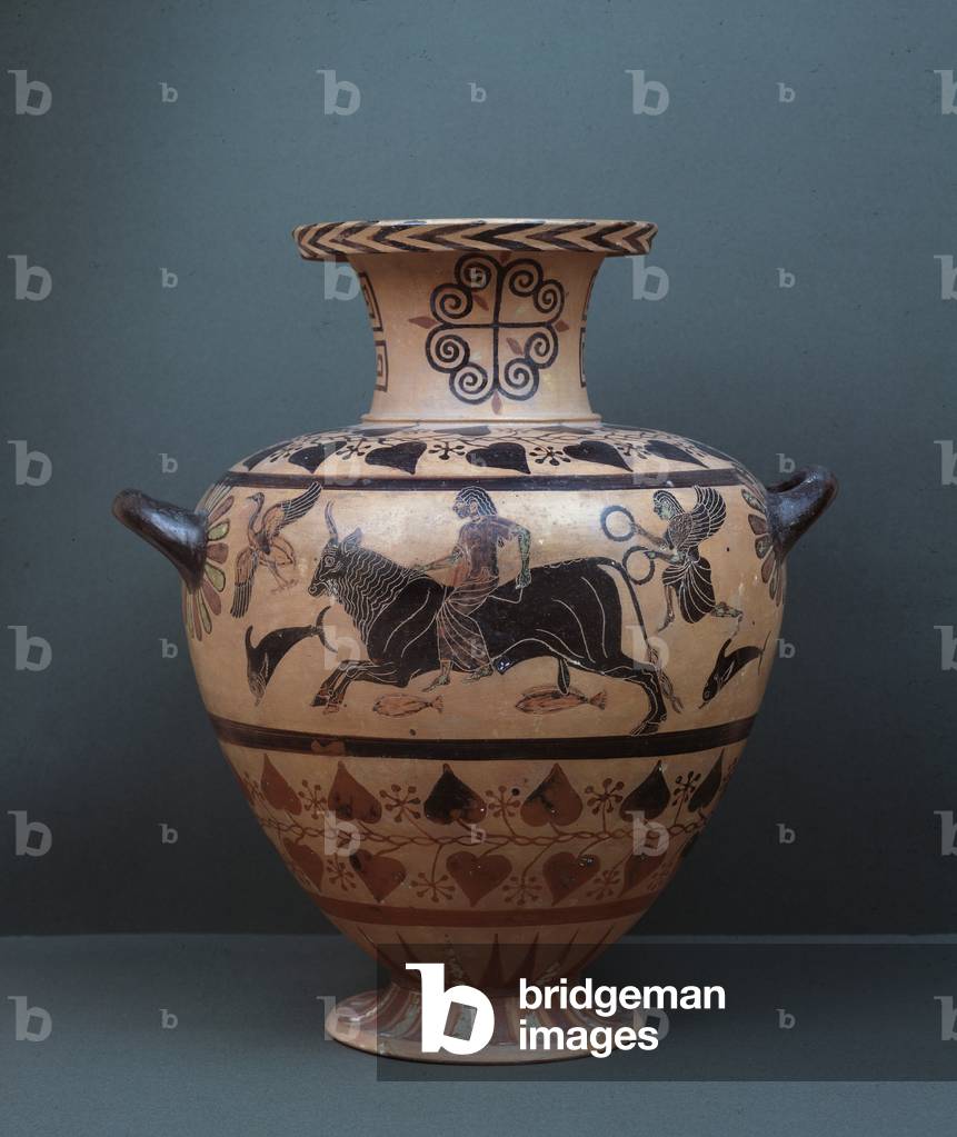 Hydria with representation of Zeus kidnapping Europa, terracotta, 550-500 BC