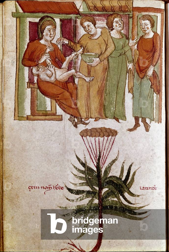 Vier Frauen, die sich um ein Kind kümmern, Handel mit Kinderbetreuung. (Miniatur, Anfang des 13. Jahrhunderts)