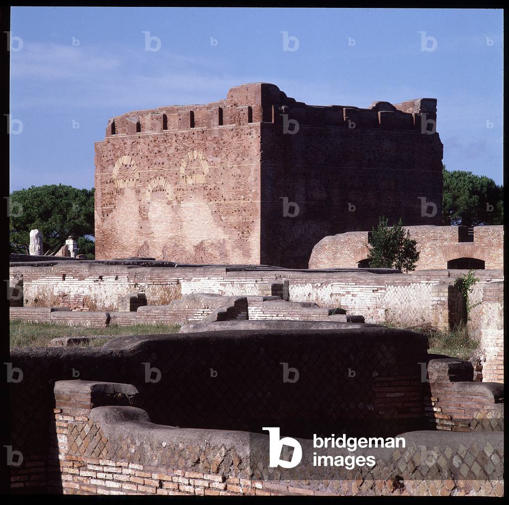 Roman art: view of the ruins of the capitol, archeological site of Ostia, 120 AD, Ostia antica, Italy (Roman art: general view of capitolium, 120 AD Ostia antica, Italy) Photography