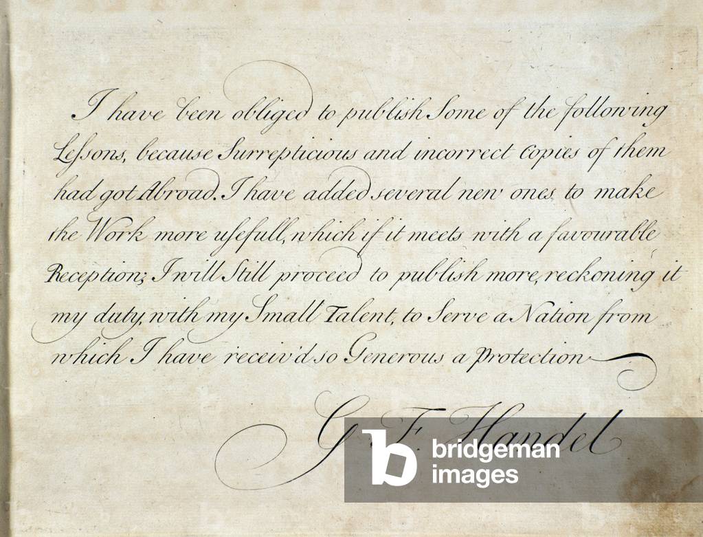 Introduction page where the composer gives the reasons for which he published, from Suite of instrumental pieces by G F Handel