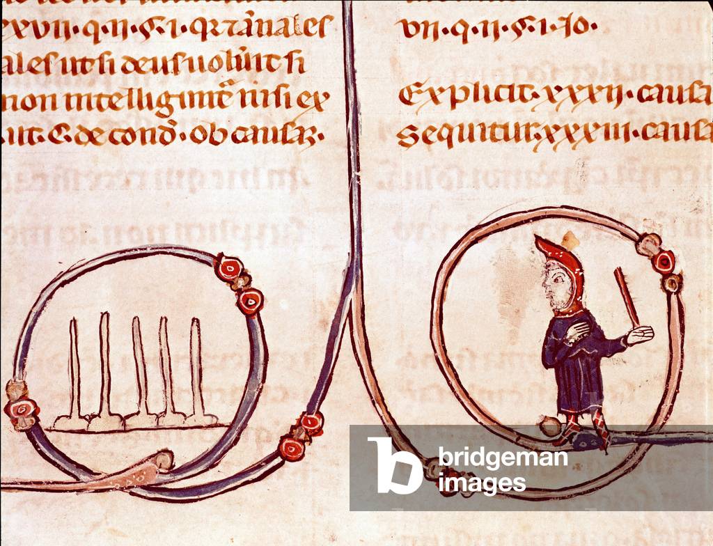 History of Canonical Law: “” The game of bowling””” Miniature taken from “” Decret de Gratien”” (“Concordia discordantium canonum” or “Decretum Gratiani”) dating from 1140 and regulating the laws and canons of the Roman Catholic Church. 13th century Laon, Municipal Library