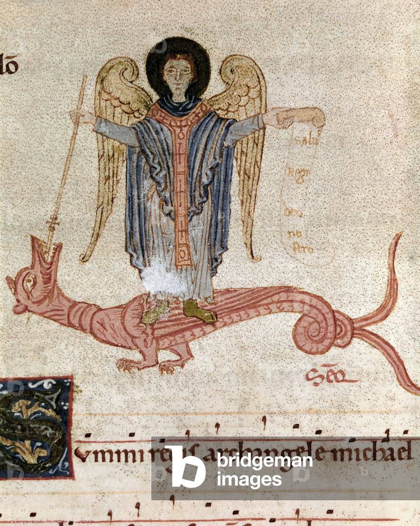 Representation of the Archangel Saint Michael and the dragon Miniature from a gradual antiphonary (tropair) (ms. 65) 12th century Plaisance, Biblioteca Capitolare