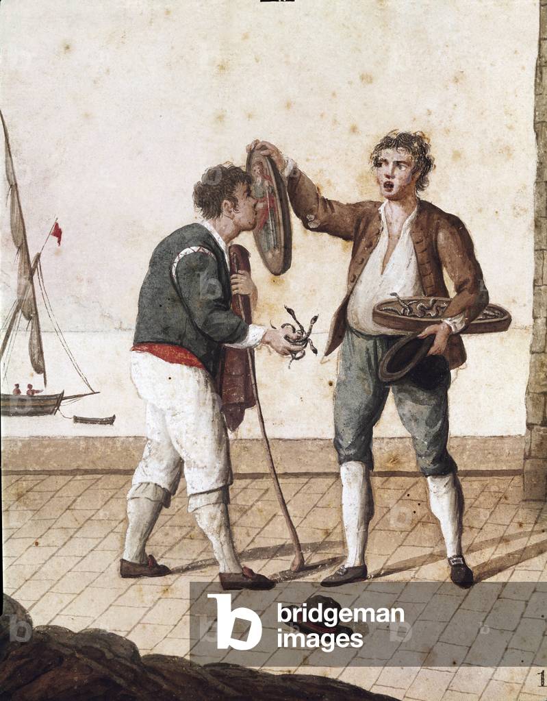 Old Neapolitan metiers: sellers of small snakes - (Old Neapolitan trades: grass snakes seller) Watercolour of the 19th century - Naples Museo Nazionale di San Martino