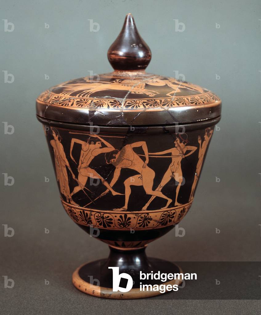 Pyxis with representation of scene of palaestra, terracotta, 520-500 BC