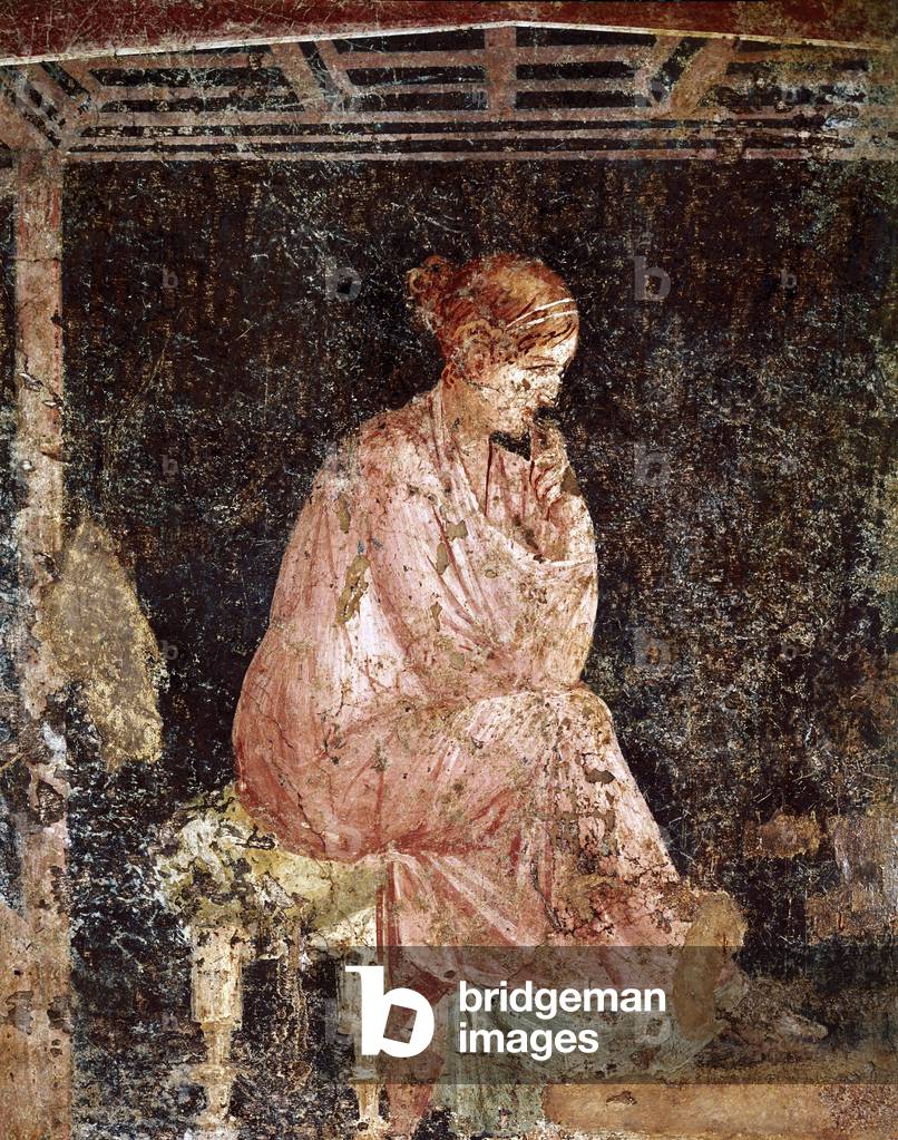 Bild von Fresko "Römische Kunst: „“ Junge Frau sitzt““ (Sitzende junge Dame) Römisches Fresko im 3. pompejanis