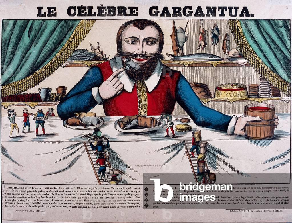 Gargantua with a large canopy and all kinds of dishes. 19th century (Epinal print)