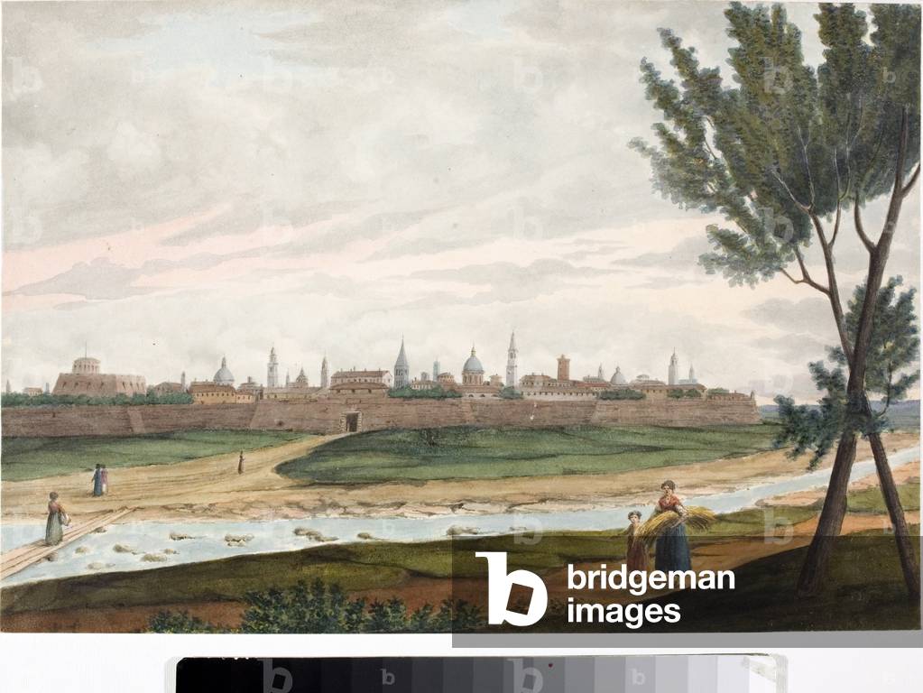 View of a walled city, probably Lucca in Tuscany (Ink and watercolour, ca 1820)