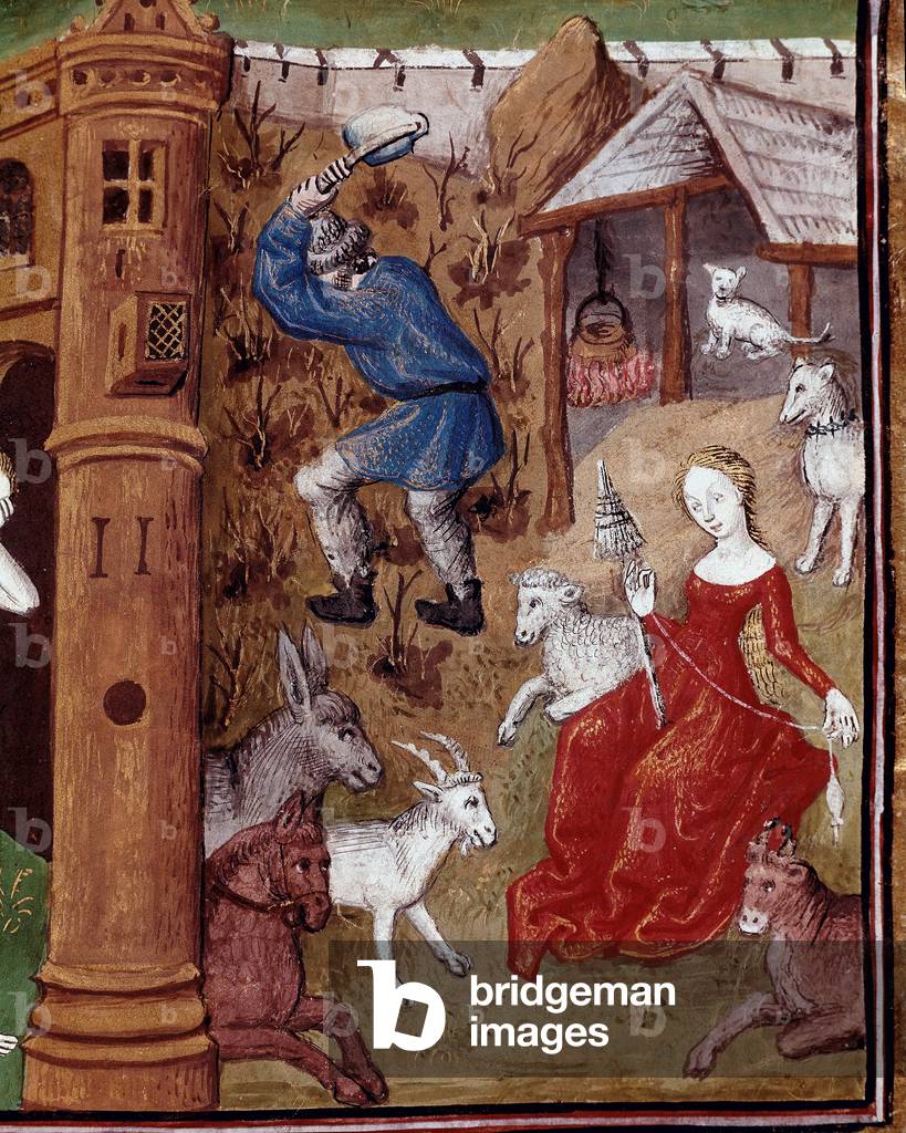 Representation of Adam picking the earth and Eve spinning the wool after being hunted from the earthly Paradise. Miniature taken from “” Des cas des nobles hommes et femmes infortunes”” (De casibus) by Giovanni Boccaccio dit Jean Boccace (1313-1375), Italian writer, translated by Laurent de Premierfait and enluminated by the Master of Dunois (15th century) 1465 Chantilly, Musee Conde