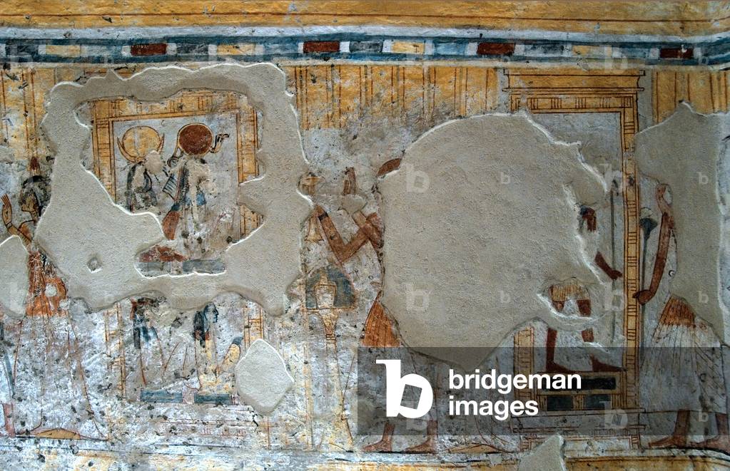 Egyptian antiquite: representation of Shuroy and his wife worshipping the god Thot and the goddess Ra. Painting of the Tomb of Shuroy (TT13). 20th dynasty. 1190-1077 BC Necropole of Dra Abu el-Naga, West Bank of Luxor, Egypt