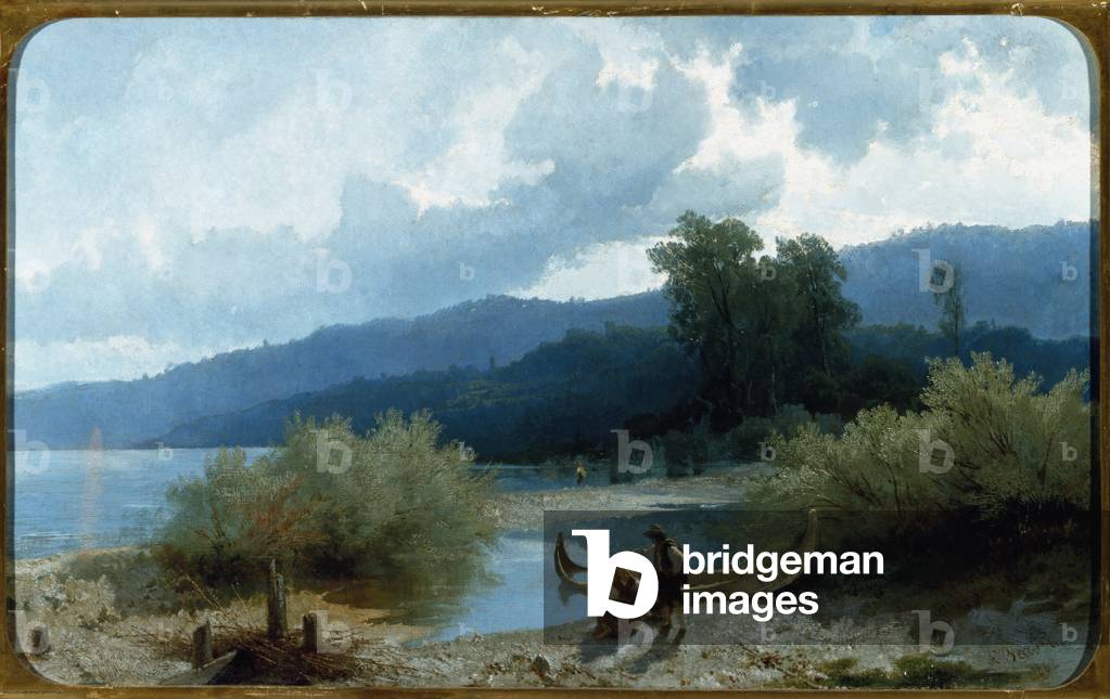 Landscape of Lake (Lakescape) Painting by Angelo Beccaria (1820-1897) 1862 Dim 55,5x90,3 cm Genes, Galleria d'Arte Moderna, inv 318
