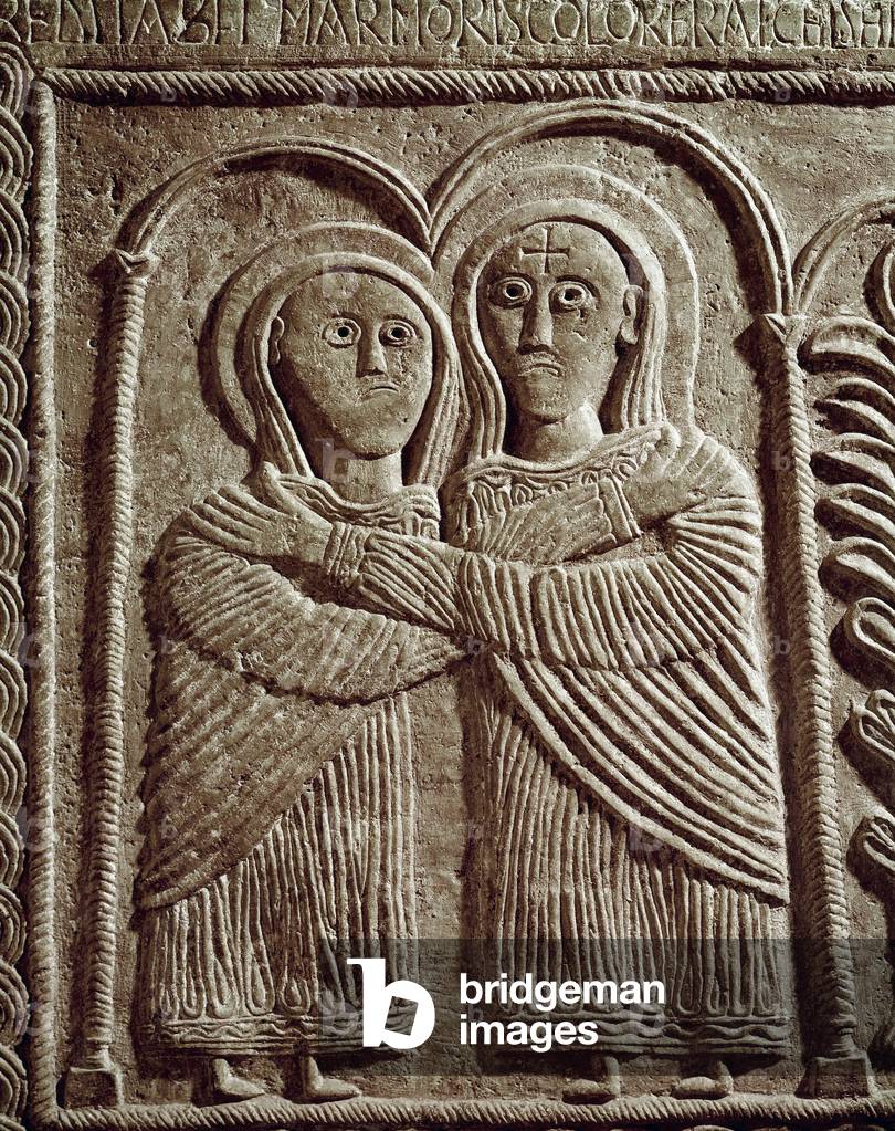 Archaeology of the Middle Ages (Middle Ages). Barbarian Art of Lombardy: Visitation, Saint Elizabeth and Saint Mary. Sculpture, Lombard art, 737-744. Cividale del Friuli, Chretien Museum, treasure of the cathedral