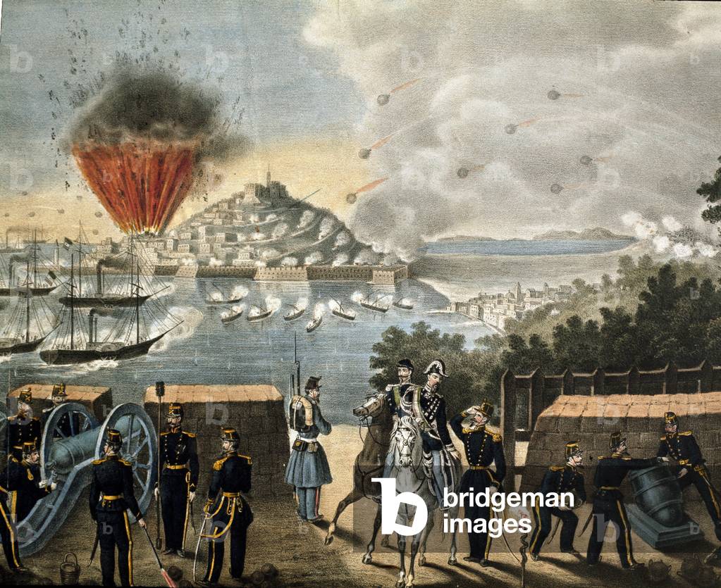 Siege of Gaeta, 1861: Piemontese artillery exploded the fortress, marking the end of the Bourbons. 19th century (tempera)