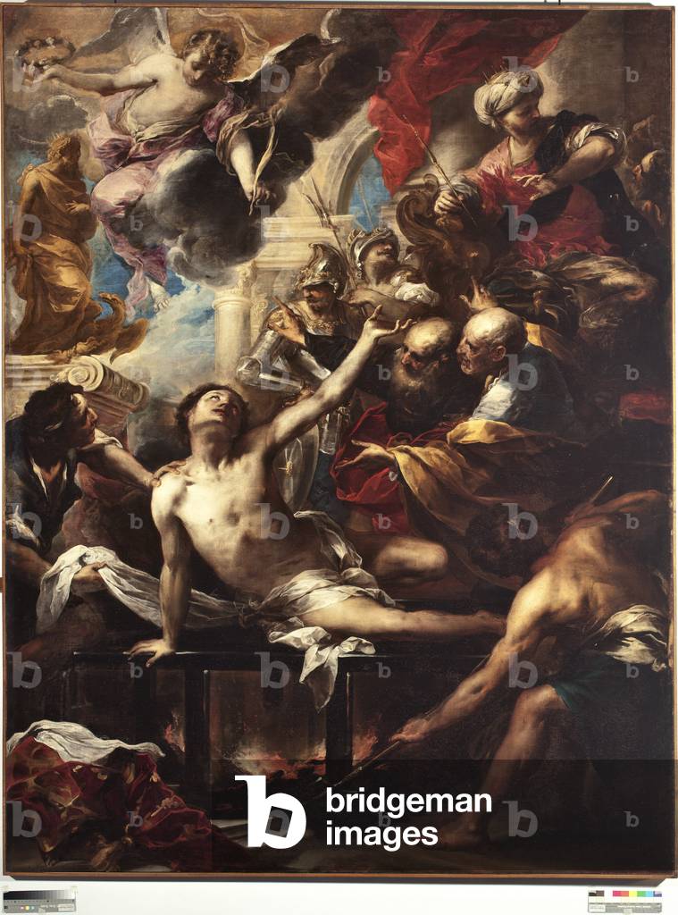 Martirio di san Lorenzo sulla griglia, pittura di Valerio Castello (1624-1659) Dim. 236 x 182 cm. Genes, Musei