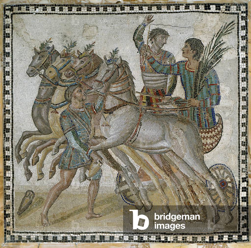 Chariot (quadriga) race with the charioteers in starting position and a groom near the white horse (in the foreground) - Mosaic, 3rd century