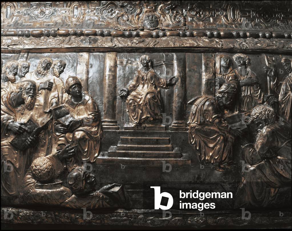 Jesus among the doctors (gilded bronze relief decorating the pulpit of the evangelists, 1585-1599)