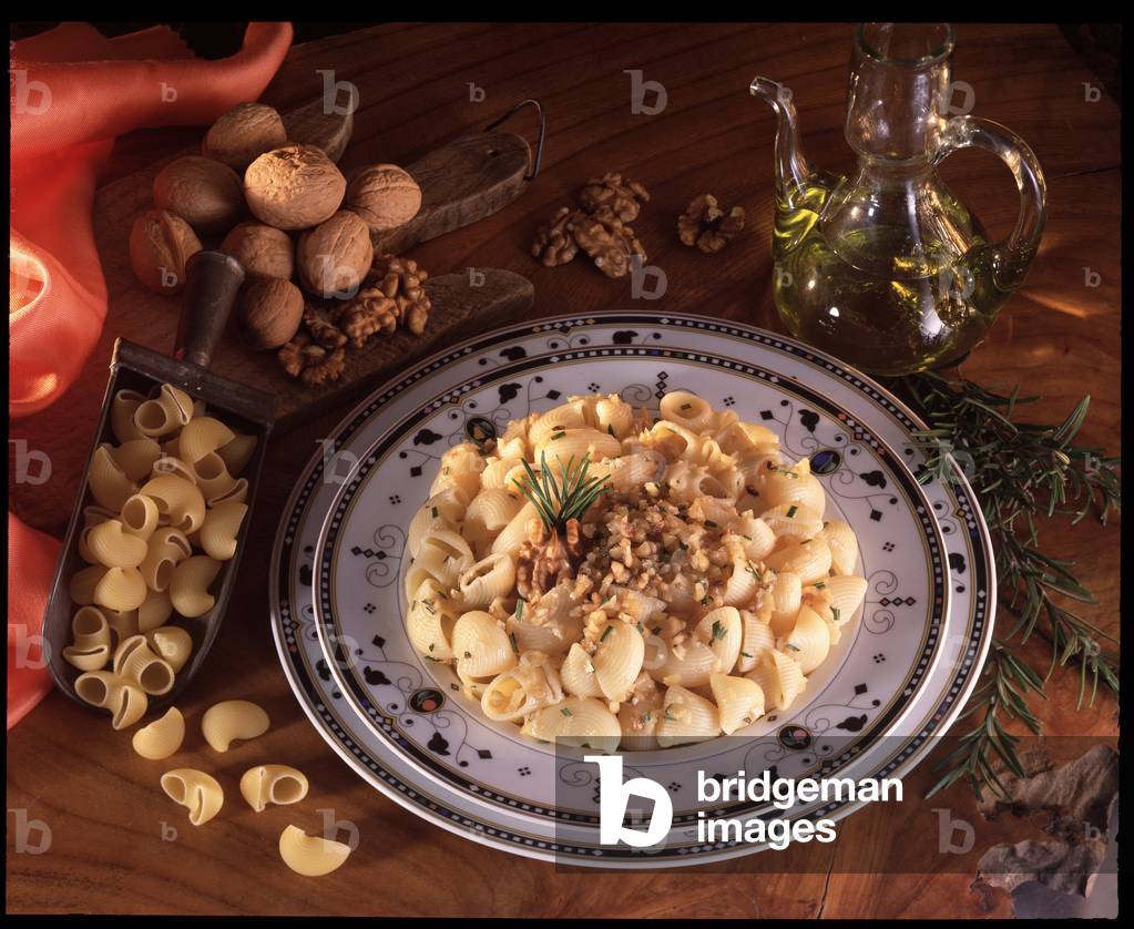 Food still life: plate of italian maccheroni with walnuts (photography)