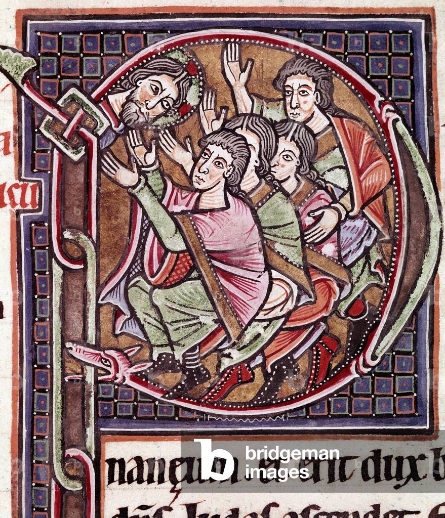 Initial letter P with death of Joshua (miniature, 12th century)