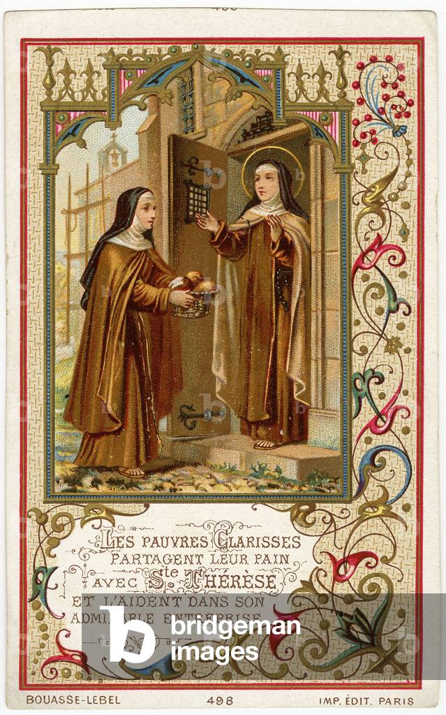 Pious image: St Teresa of Jesus receive help and bread from the Poor Clares (chromolithography)