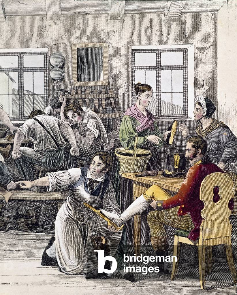 Shoemaker's store (A man has his foot measured), 19th century (colour engraving)
