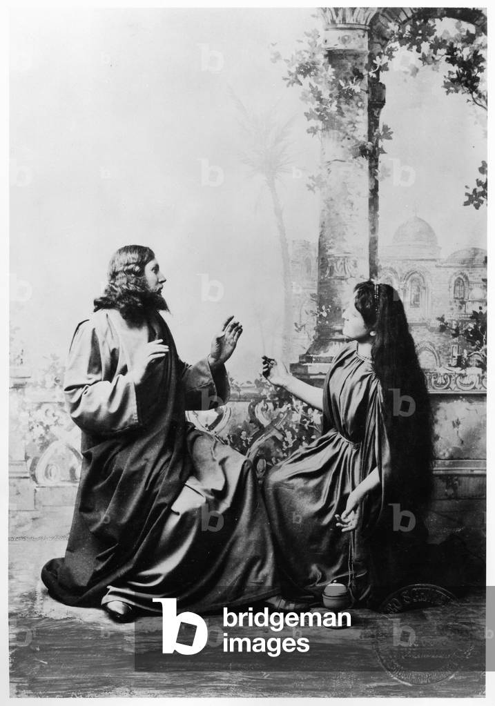 Apparition of Jesus Christ to Mary Magdalene from the Passion Play at Oberammergau, 1900 (b/w photo)