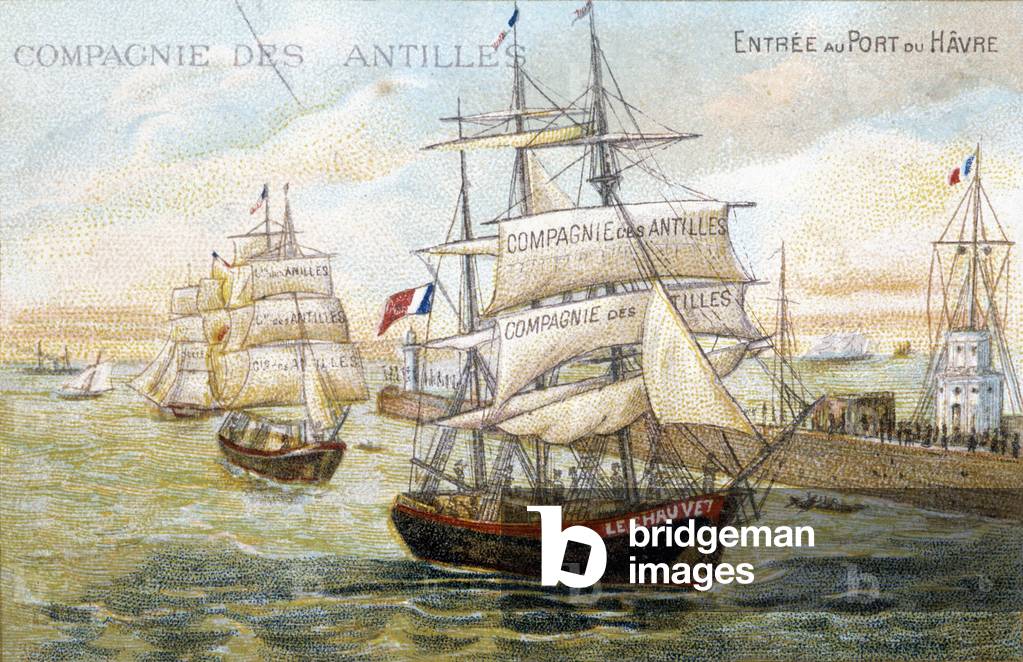 Vessels of the company of the West Indies in the port of Le Havre. 19th century illustration preserved at the municipal library of Dinan.