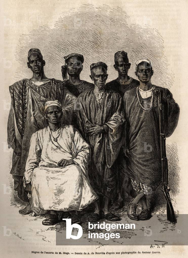 The African escort of Mage, lieutenant-on-the-ship, sent on a mission to Niger. Engravure to illustrate the story of Lieutenant Mage's voyage in Western Sudan between 1863 and 1866, published in “Le tour du monde, nouveau journal des voyages””, edited by Edouard Charton, 1868, Paris. Selva Collection.