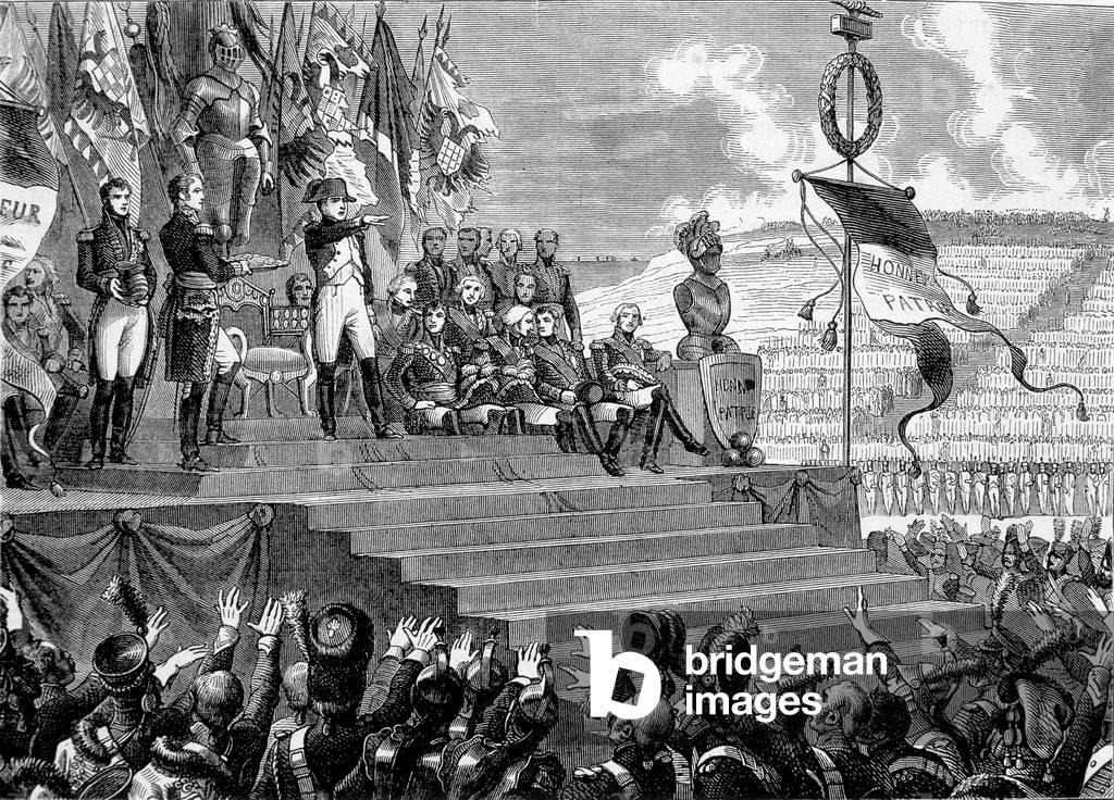 Party at the Camps de Boulogne: Napoleon I consul. Engraving - in “” Histoire de France”” by Henri Martin. 19th century.