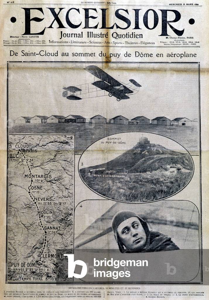 From Saint-Cloud to the summit of Puy-de-Dôme by aeroplane. 3 views including portrait of the airman Renaux and map of the route. 
