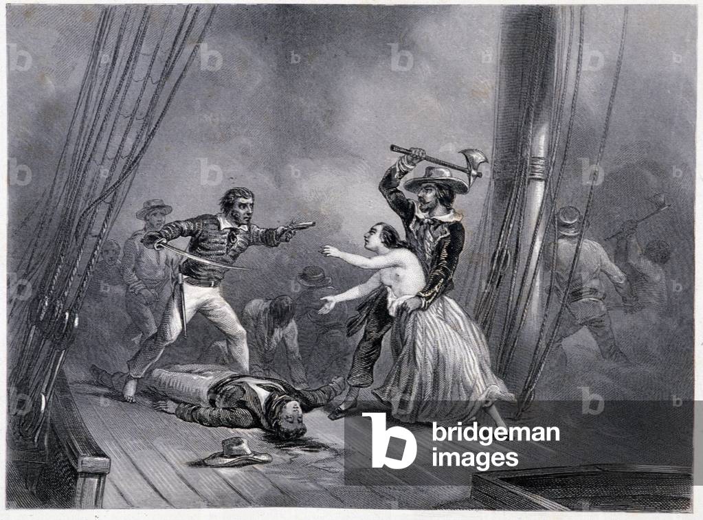 The pirate Morgan abducts the beautiful Spanish - in “” General History of the Navy”” by E and V Penaud brothers, 19th century