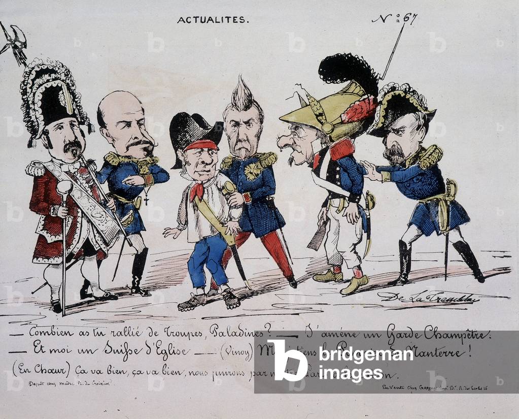 Cartoon about the Commune “” News - How many troops did you rally, Paladine? - I'm bringing a country guard. And I am a Swiss church. - (Vinoy) I hold the Fireman of Nanterre - (In the heart) It's fine, it's fine, we'll finally put Paris to reason.