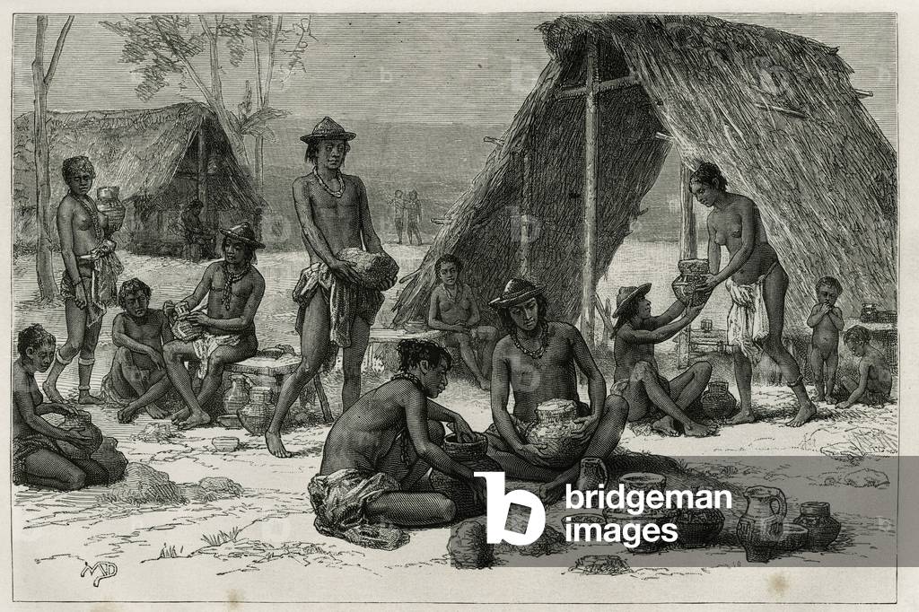 Les Indiens Galibis (or Kalinas) making pottery, engraving by D.Maillart, to illustrate the voyage of exploration in the interior of Guiana by Dr. Jules Crevaux, doctor of the French Navy, in 1876-1877, published in the tour du monde, under the direction of Edouard Charton, 1879, Paris. Selva Collection.