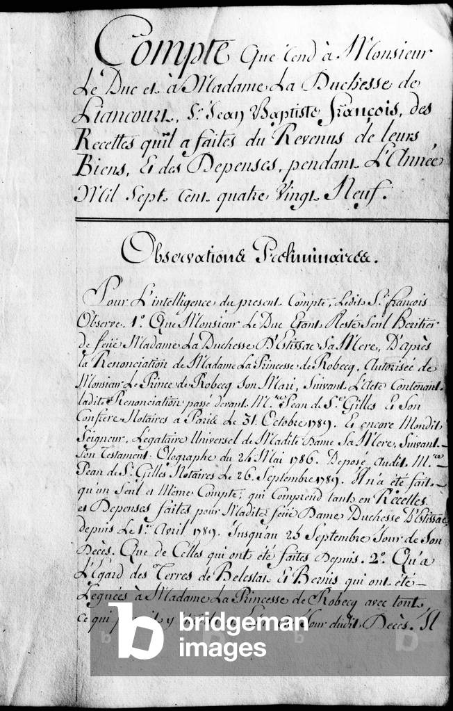 Account book for the year 1789 of property of the Duke of Rochefoucauld Liancourt.