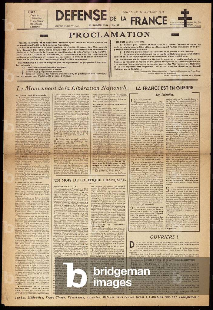 One of the clandestine newspaper “” Défense de France”” of 15/01/1944