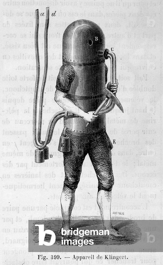Klingert diving apparatus - in “” The wonders of science””, by Louis Figuier, 19th century