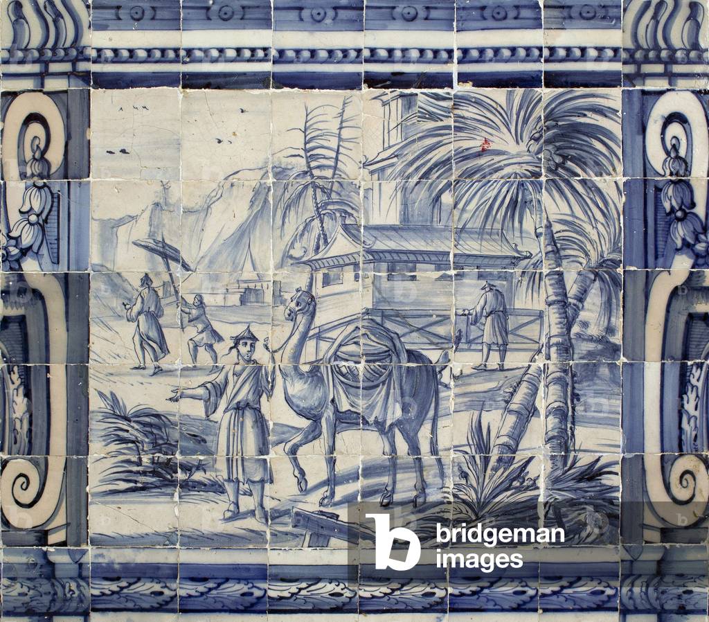 Scene with a camel in Asia - Azulejos, painted faience, 18th century (Oriental scene, azulejos 18th century) - University of Evora, Portugal -