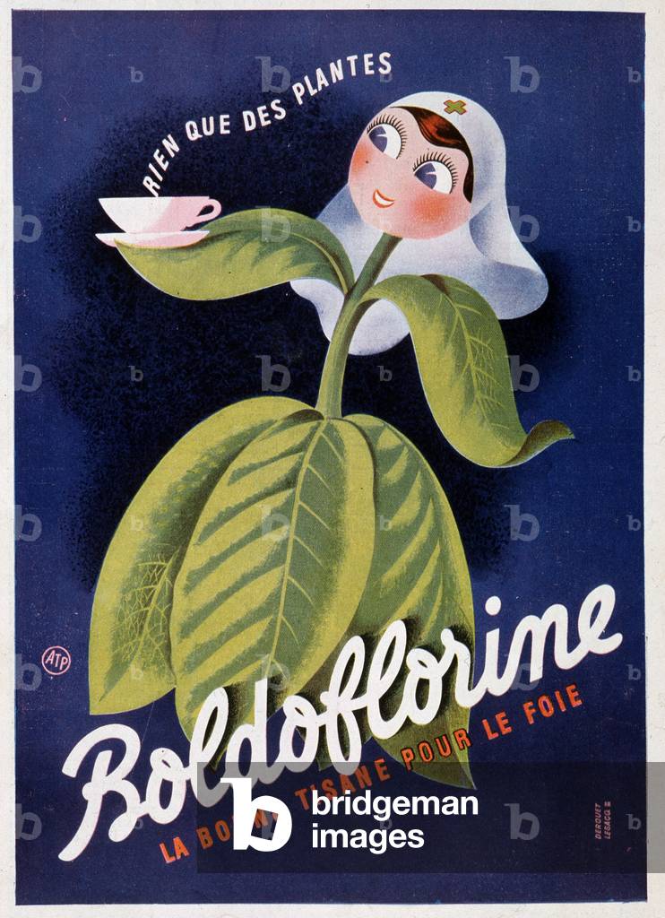 Nurse in plant form with cup, pub. for herbal tea Boldoflorine, 