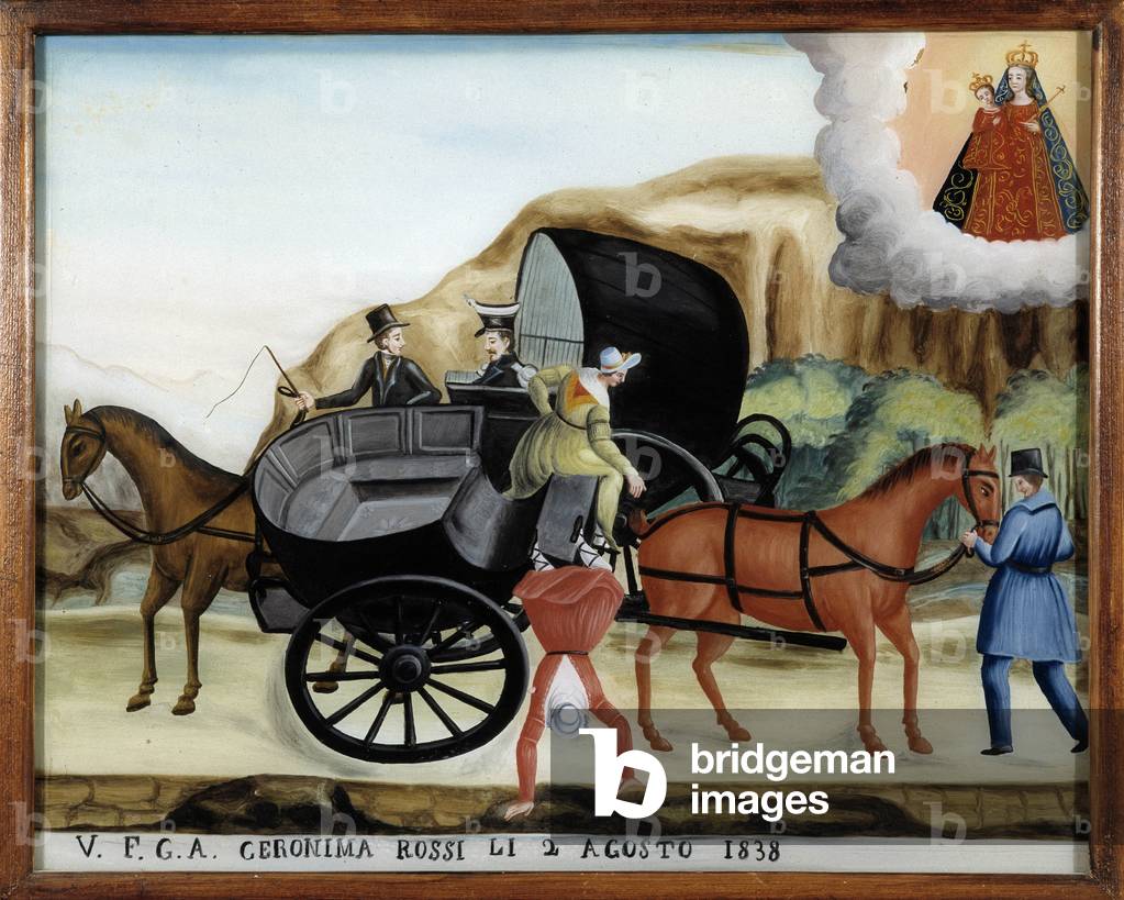 Hanging between two carrioles and the fall of a passenger - Painting on glass, ex-voto by Notre Dame de Laghet, 1838