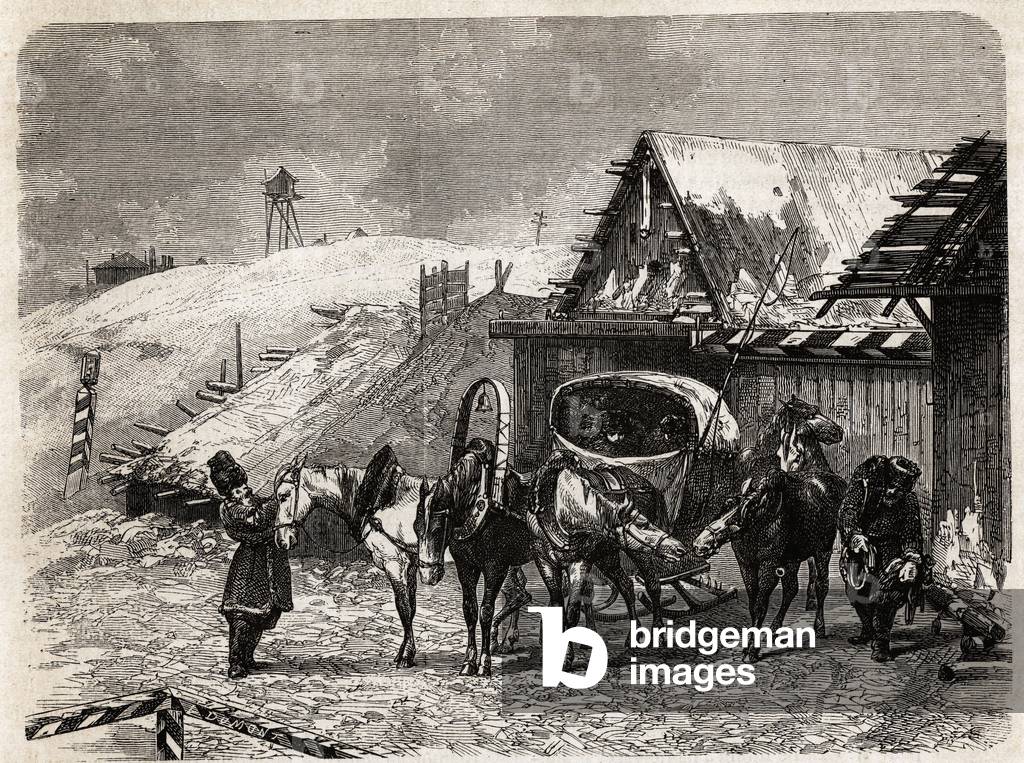 A Russian relay, in Kiew, drawing by Eve Felinska, to illustrate his memories of exile in Siberia in 1839. Engraving in “” Le tour du monde””, edited by Edouard Charton, 1862. Selva's collection.