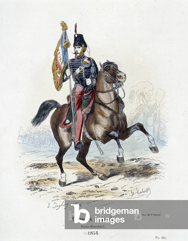 Chasseurs à cheval: Porte - Etendard en 1854 - in “” Histoire de l'armmee”” by A. Barbier, 1858, ed. Paris.