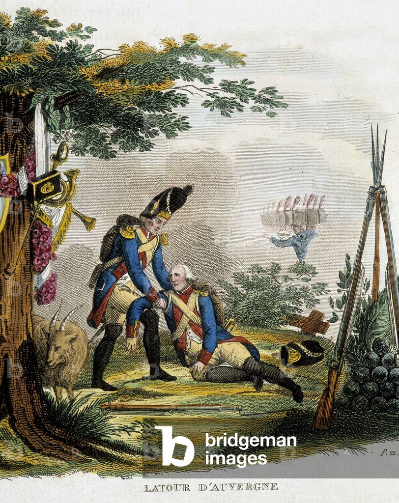 The death of Theophile Malo Corret de La Tour (or Latour) d'Auvergne (1743-1800) during the Battle of Oberhausen, Austria, on June 27, 1800. Engraving of the 19th century.