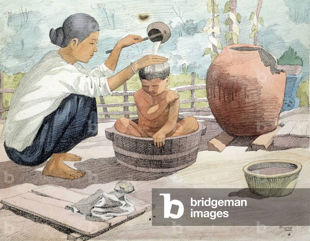 Child in the bath, Cochinchine - by the Art School of Giodinh, 1938, B.N. of Hanoi