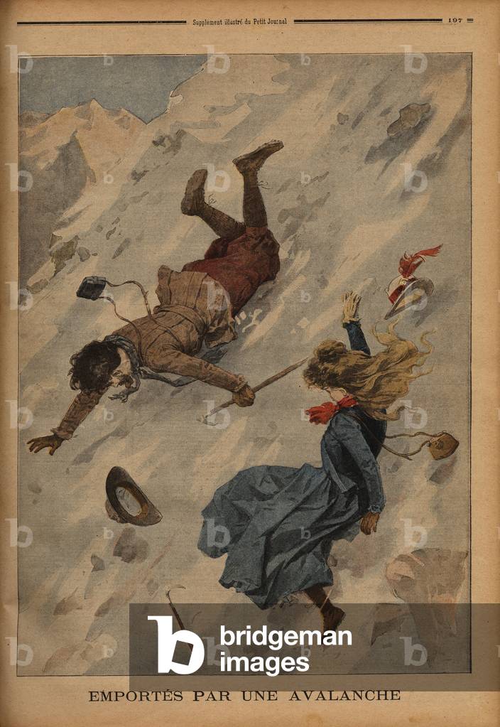 A couple of American tourists caught in an avalanche, trying to climb Mont Blanc. Engraving in 