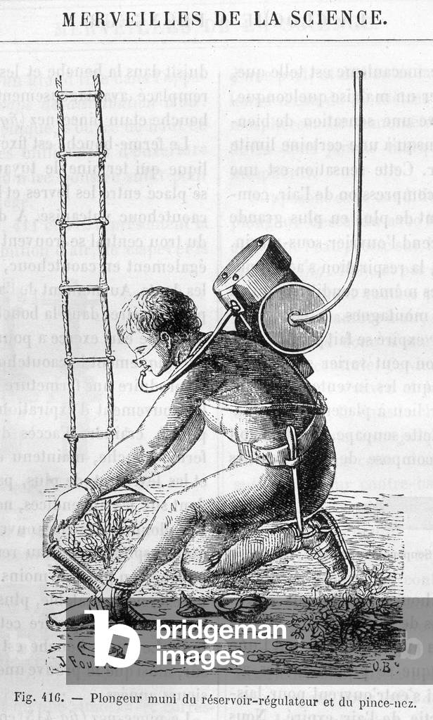 Scathandre: Diver equipped with regulator tank and nose clamp. In Les wonders de la science by Louis Figuier, 1870.