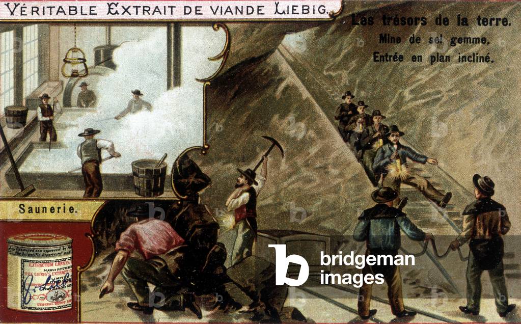 Saline and salt mine: salt extraction and saunier. Chromolithography of Liebig products, series “Les trresors de la terre””.